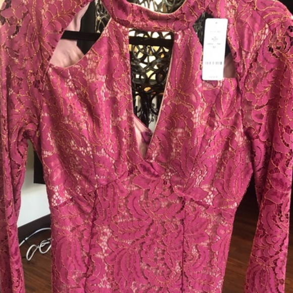 💋 bebe pink fuschia lace long sleeve dress M New RARE💋 - Picture 5 of 7